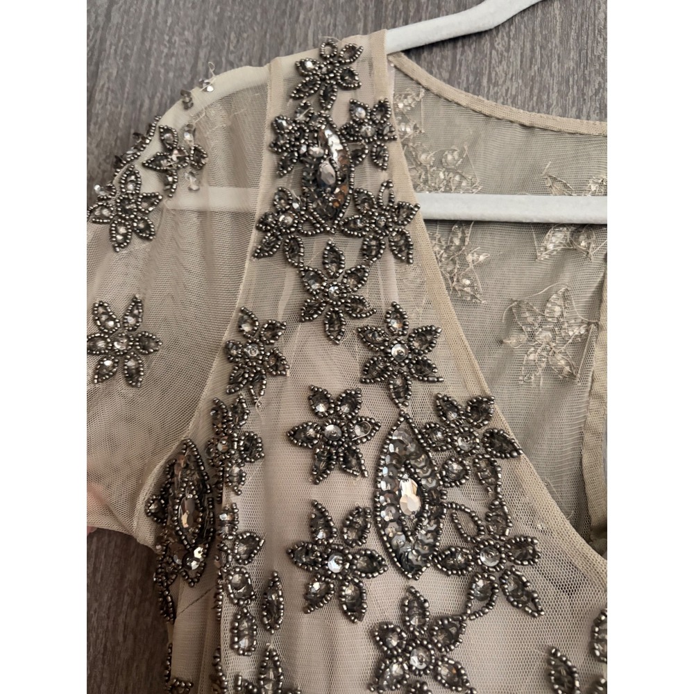 Adrianna Papell Beaded Mesh Gown NWT Silver Taupe Cap Sleeve Maxi Dress 4 - Picture 4 of 9